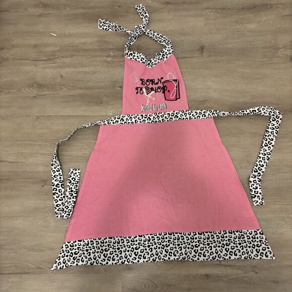Pink Apron "Born to Shop Forced to Cook" Funny Novelty Kitchen Chef Gift VTG - Picture 2 of 9